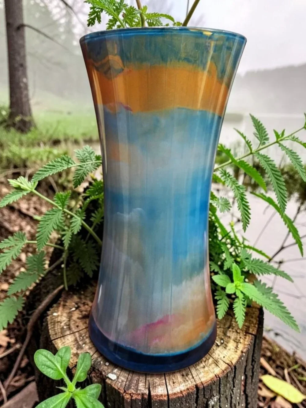 Acrylic Pour Home Décor Cylinder Vase in Teal Blue and Metallic Gold, SZ 8 Inch